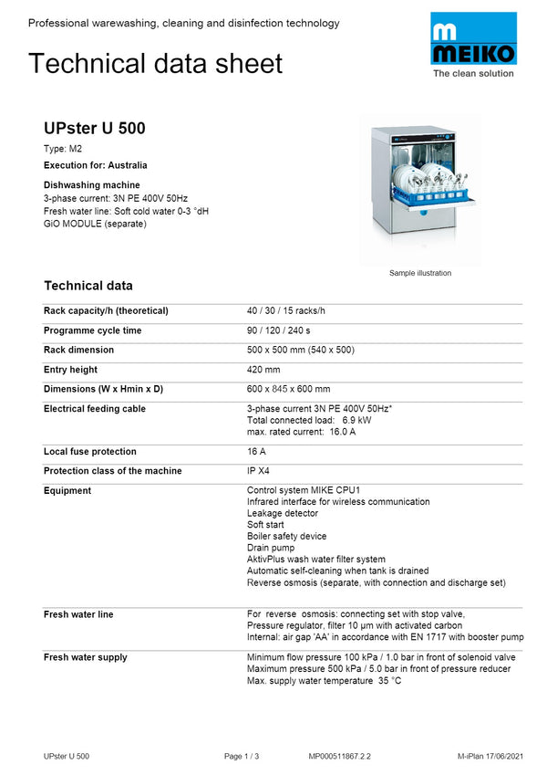 Meiko UPster U 500 M2 GiO - Undercounter Dishwasher