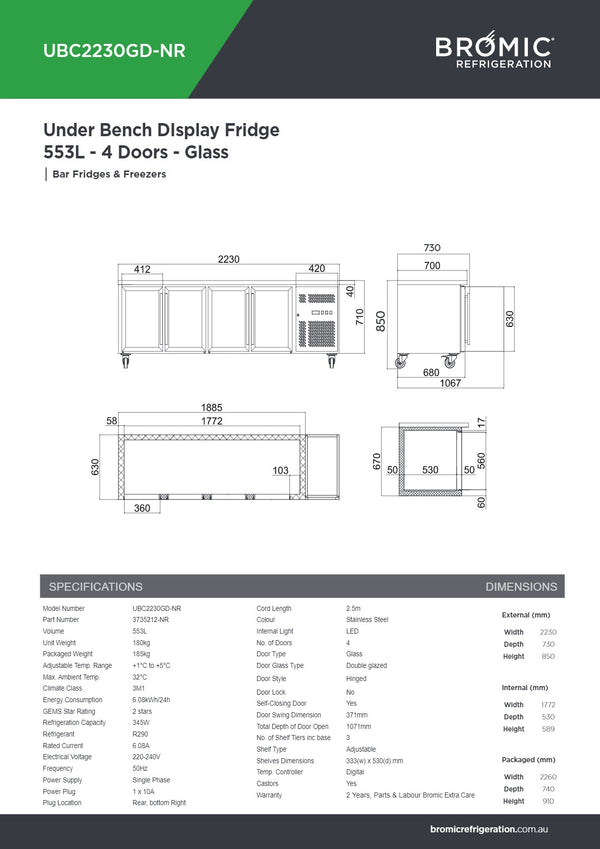 Bromic UBC2230GD-NR - Under Bench Display Fridge
