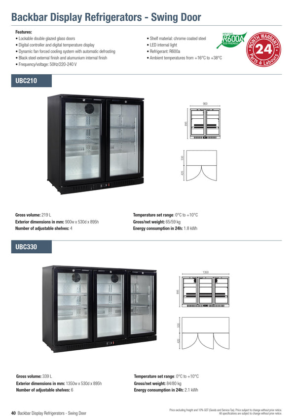 Exquisite UBC210 - Two Door Backbar Display Fridge