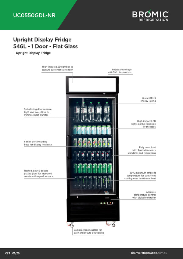 Bromic UC0550GDL-NR - Upright Display Fridge
