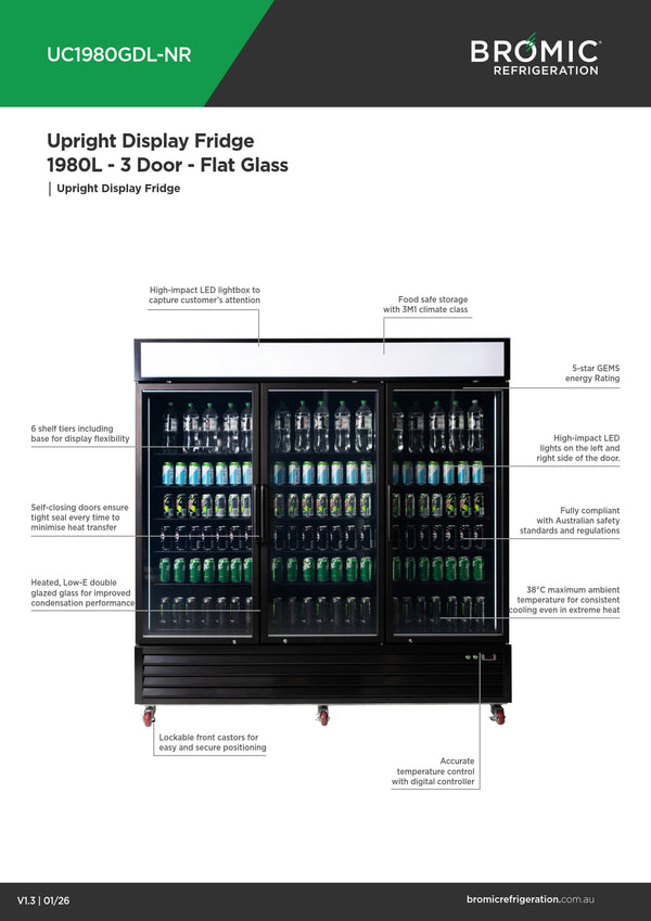 Bromic UC1980GDL-NR - Upright Display Fridge