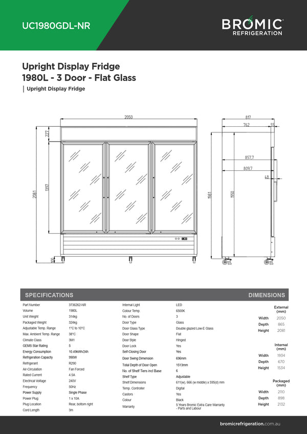 Bromic UC1980GDL-NR - Upright Display Fridge