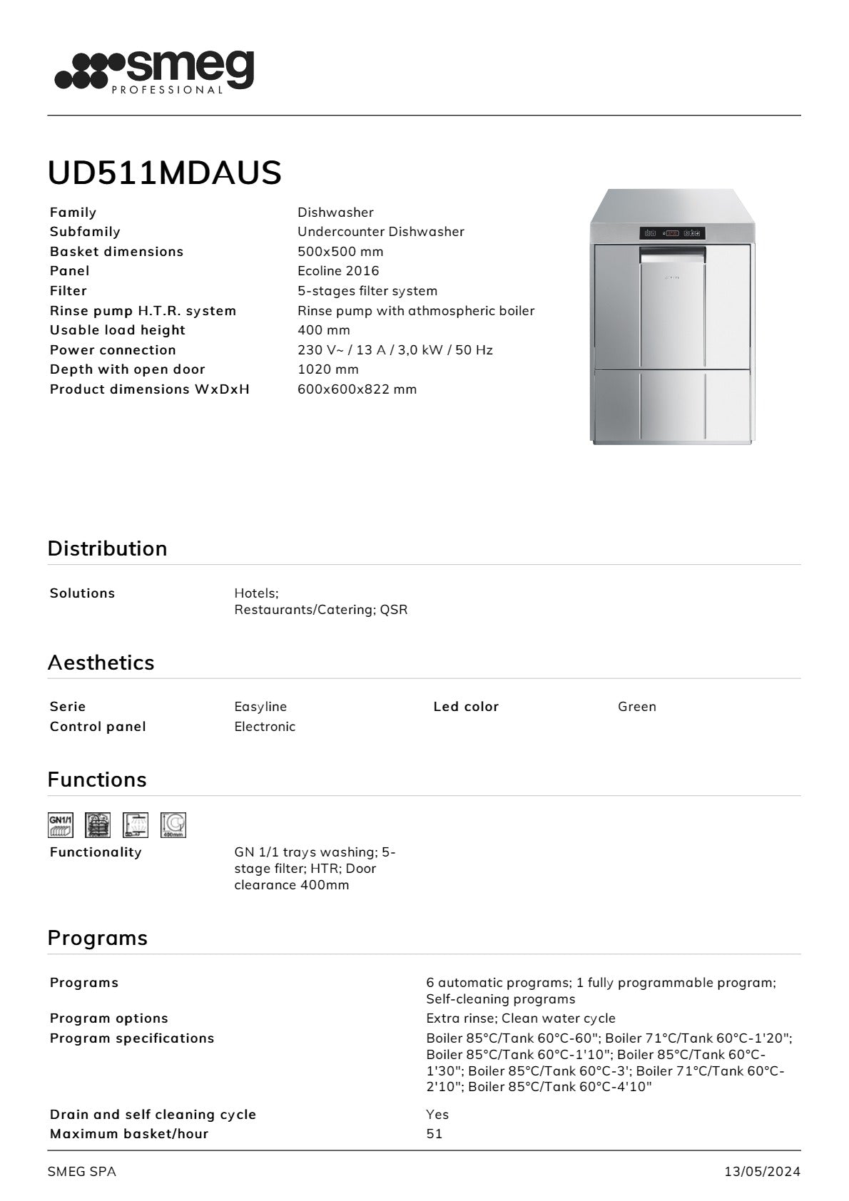 Smeg Professional Easyline UD511MDAUS - Underbench Dishwasher