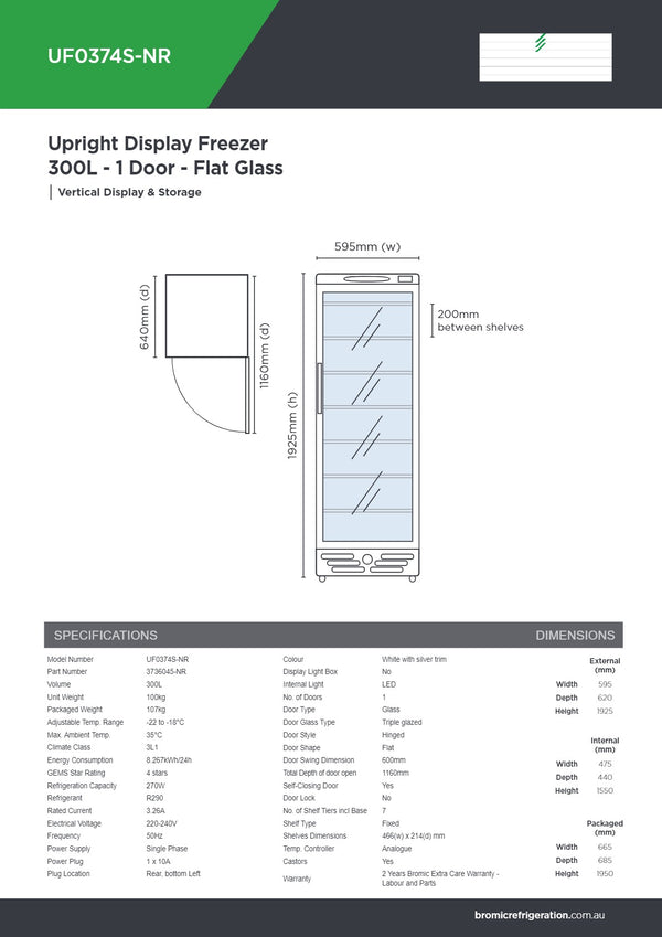 Bromic UF0374S-NR - Upright Display Freezer