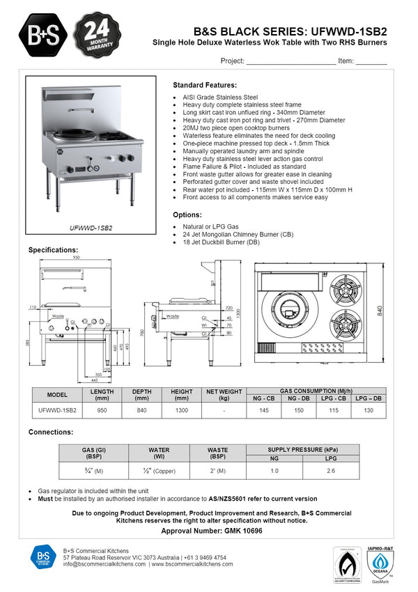 B+S Black UFWWD-1SB2 - Waterless Wok Table