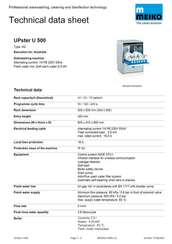 Meiko UPster U 500 M2 - Undercounter Warewasher