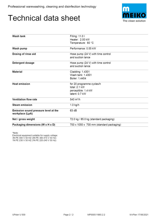 Meiko UPster U 500 M2 - Undercounter Warewasher