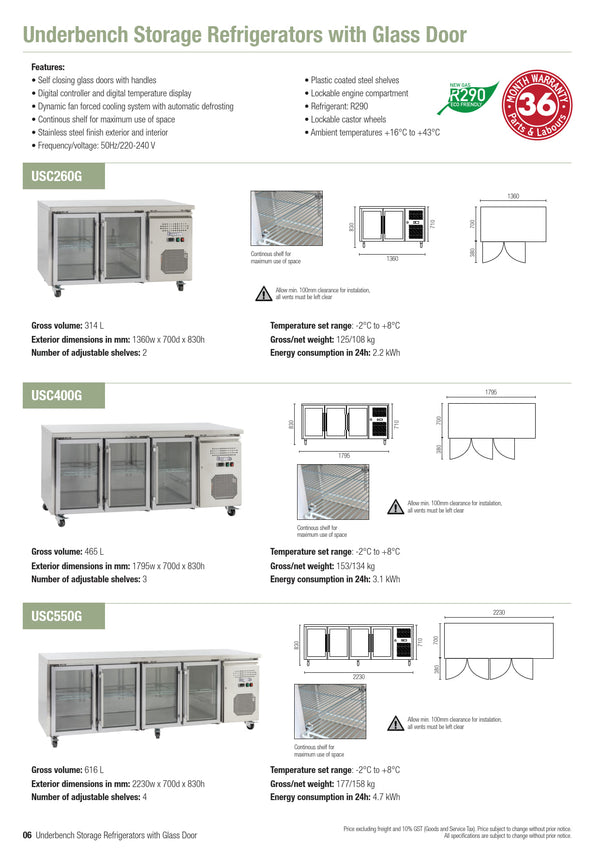 Exquisite USC260G - Two Glass Door Underbench Fridge