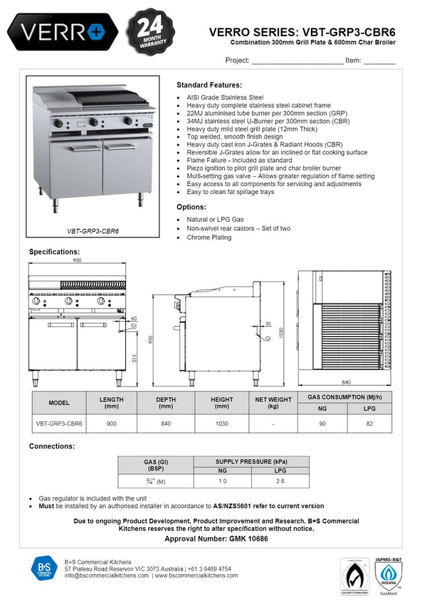 B+S Verro VBT-GRP3-CBR6 - Cabinet Mounted Combination Cook Top