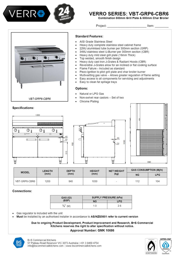 B+S Verro VBT-GRP6-CBR6 - Cabinet Mounted Combination Cook Top