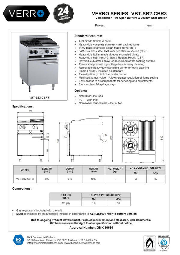 B+S Verro VBT-SB2-CBR3 - Cabinet Mounted Combination Cook Top