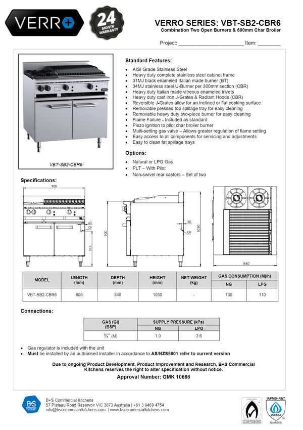 B+S Verro VBT-SB2-CBR6 - Cabinet Mounted Combination Cook Top