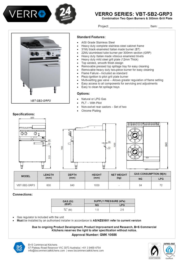 B+S Verro VBT-SB2-GRP3 - Cabinet Mounted Combination Cook Top