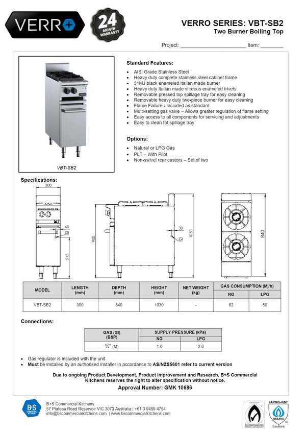 B+S Verro VBT-SB2 - Cabinet Mounted Two Burner Boiling Top