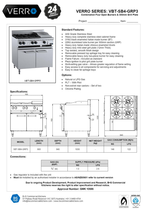 B+S Verro VBT-SB4-GRP3 - Cabinet Mounted Combination Cook Top