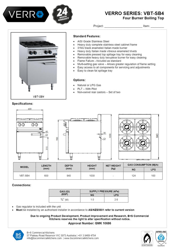 B+S Verro VBT-SB4 - Cabinet Mounted Four Burner Boiling Top