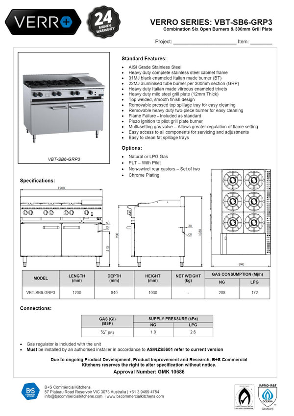 B+S Verro VBT-SB6-GRP3 - Cabinet Mounted Combination Cook Top