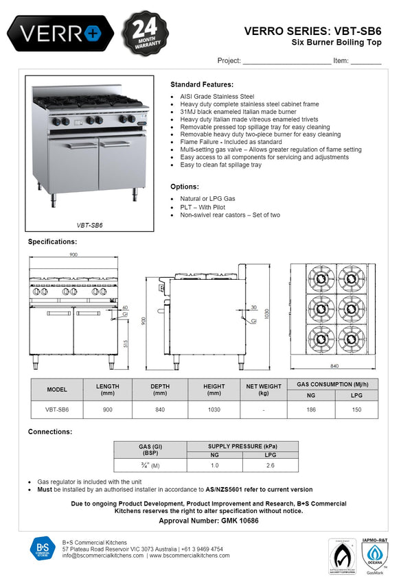 B+S Verro VBT-SB6 - Cabinet Mounted Six Burner Boiling Top