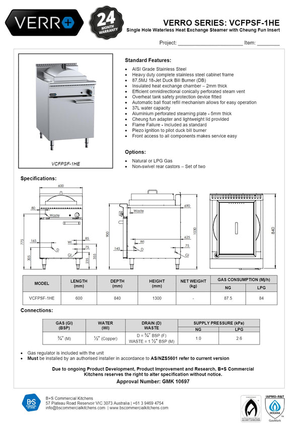 B+S Verro VCFPSF-1HE - Waterless Heat Exchange Steamer Cabinet