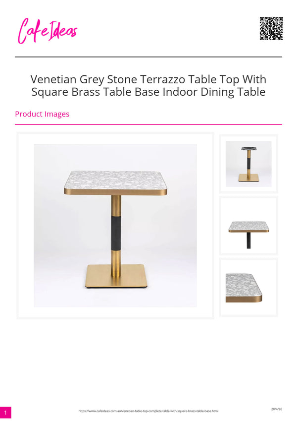Venetian Grey Stone Terrazzo Table Top with Square Brass Table Base