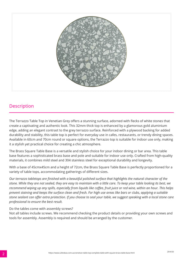 Venetian Grey Stone Terrazzo Table Top with Square Brass Table Base