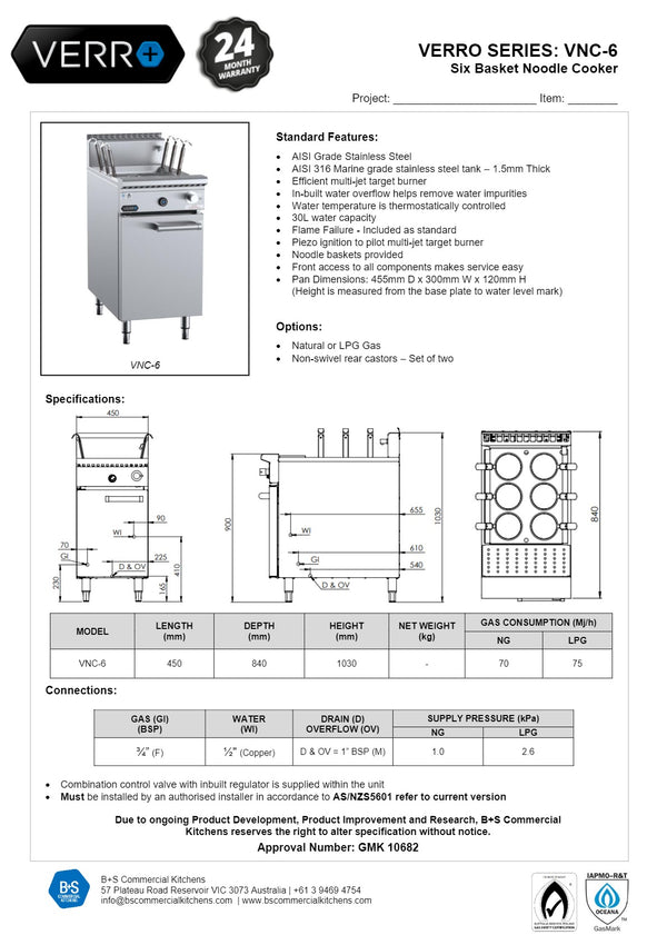B+S Verro VNC-6 - Six Basket Noodle Cooker