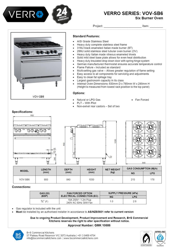 B+S Verro VOV-SB6 - Six Burner Range Oven