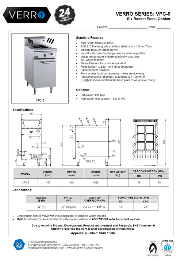 B+S Verro VPC-6 - Six Basket Pasta Cooker