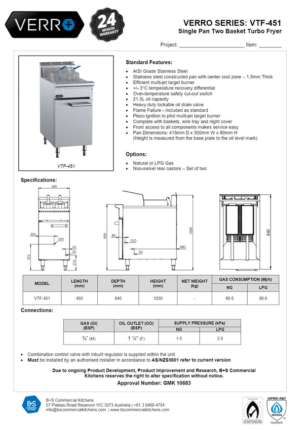 B+S Verro VTF-451 - Single Pan Turbo Fryer
