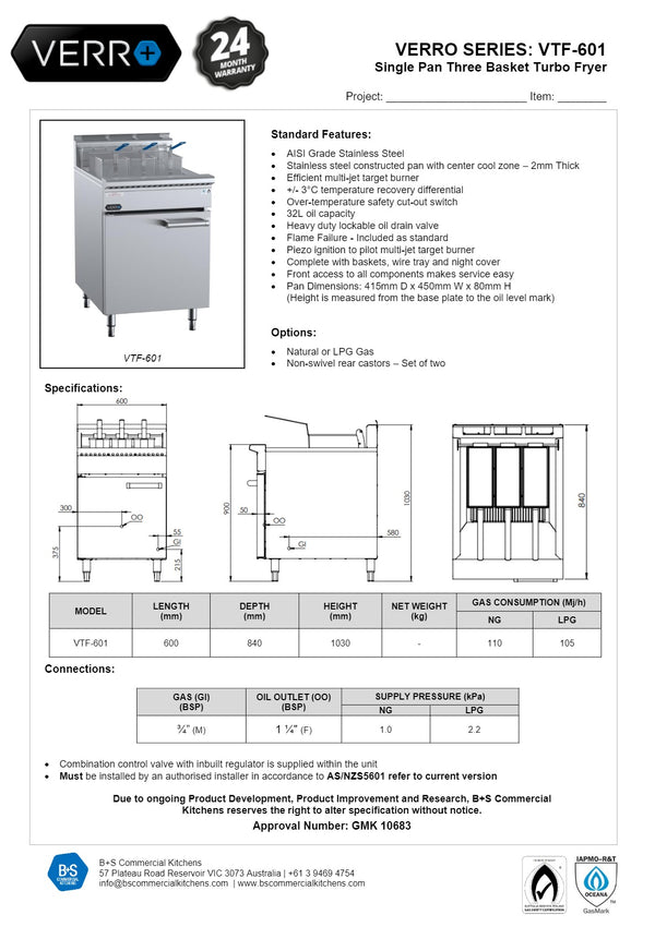 B+S Verro VTF-601 - Single Pan Turbo Fryer
