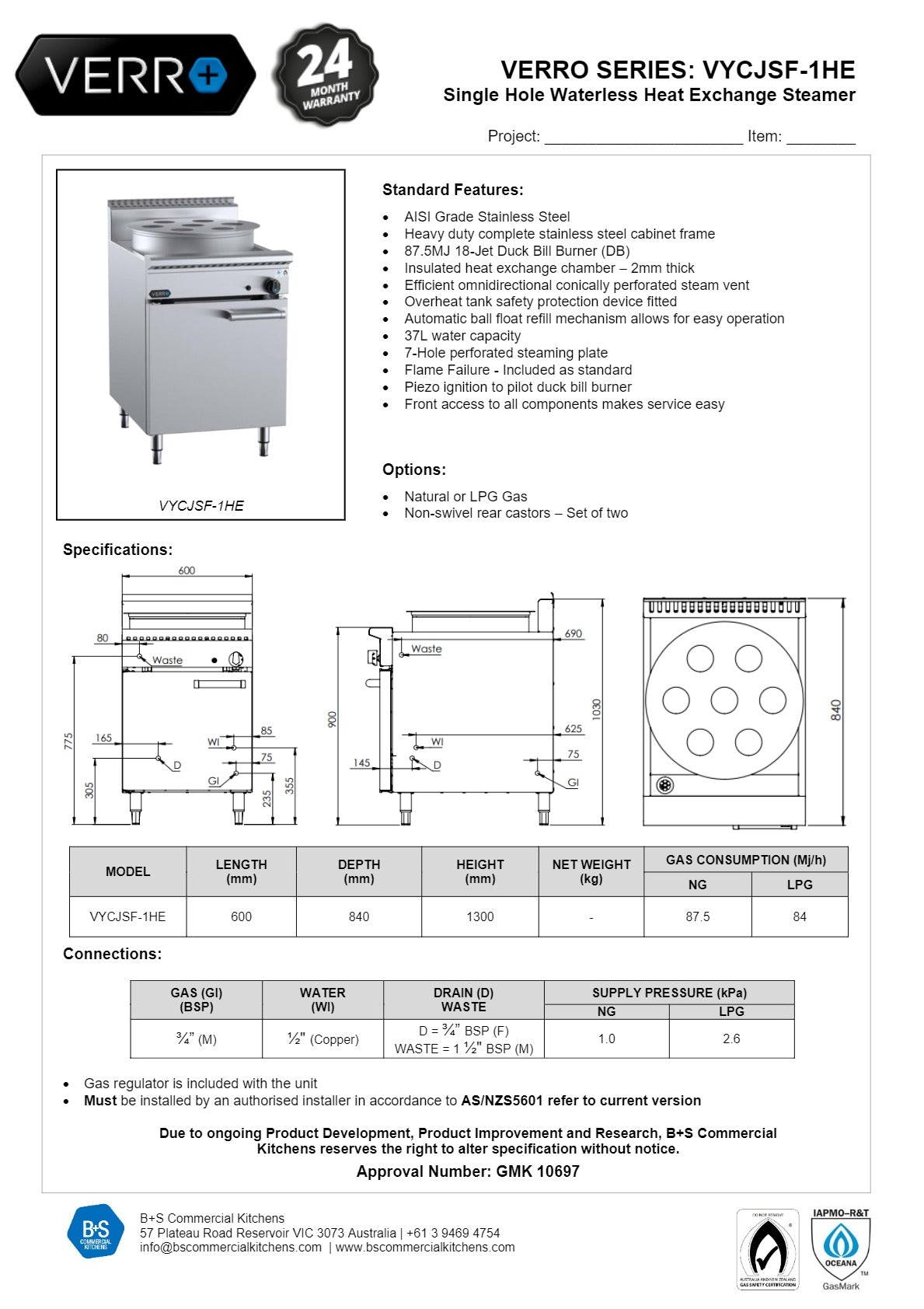 B+S Verro VYCJSF-1HE - Waterless Heat Exchange Steamer Cabinet