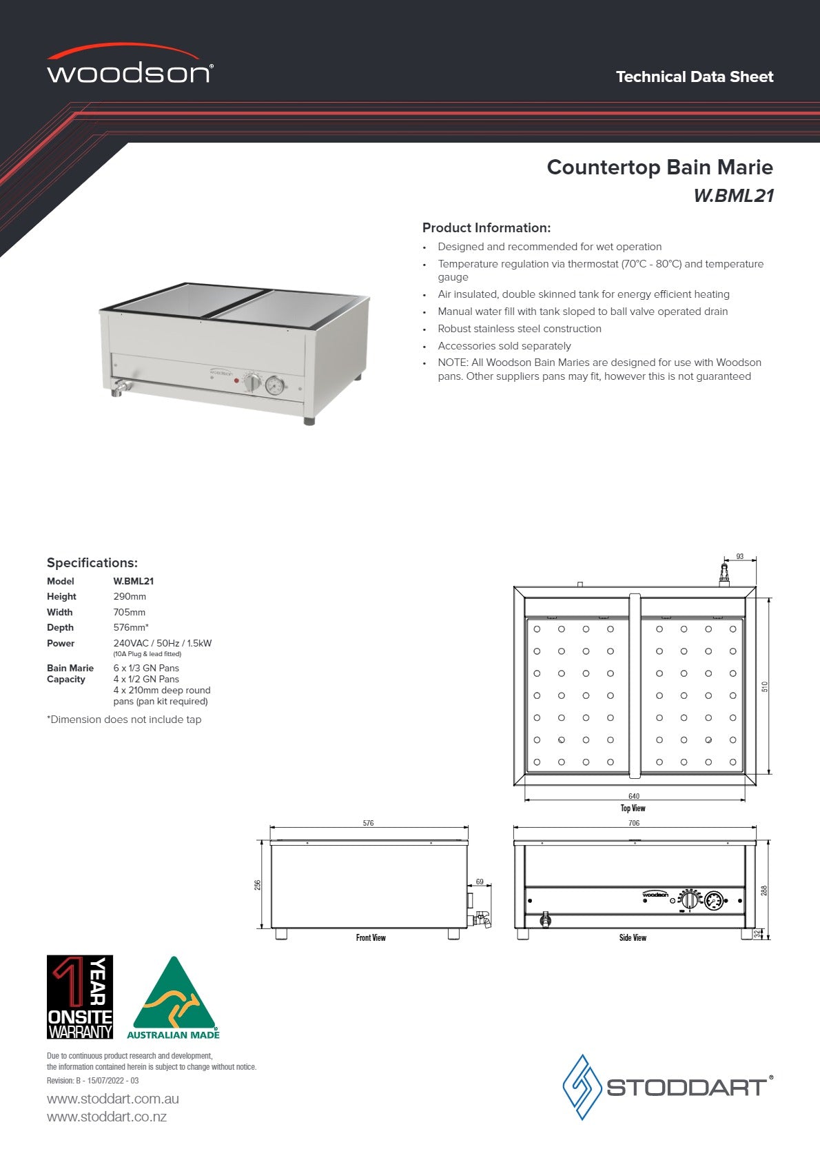 Thumbnail - Woodson W.BML21 - Benchtop Bain Marie