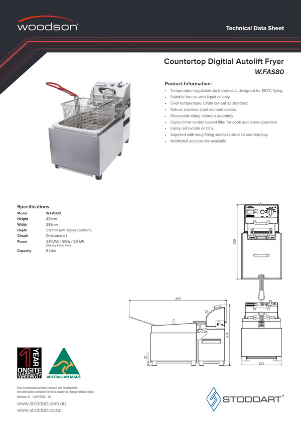 Woodson W.FAS80 - Countertop Autolift Fryer