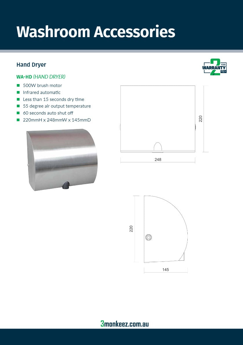 3Monkeez WA-HD - Compact Quick Hand Dryer