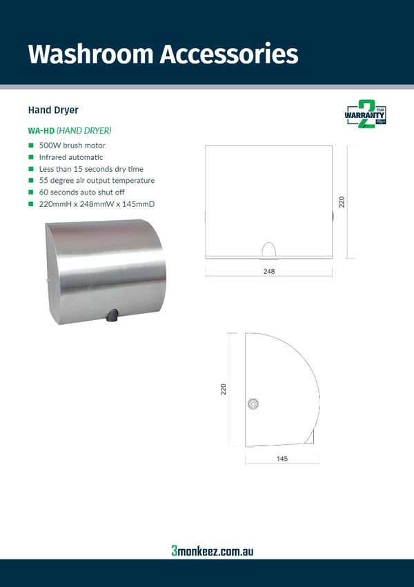 3Monkeez WA-HD - Compact Quick Hand Dryer