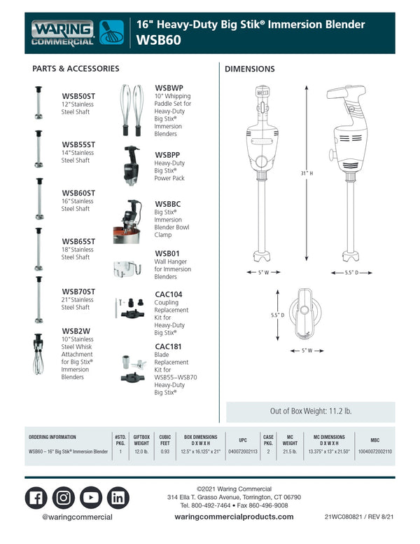 Waring Big Stik WSB60CE - Stick Blender