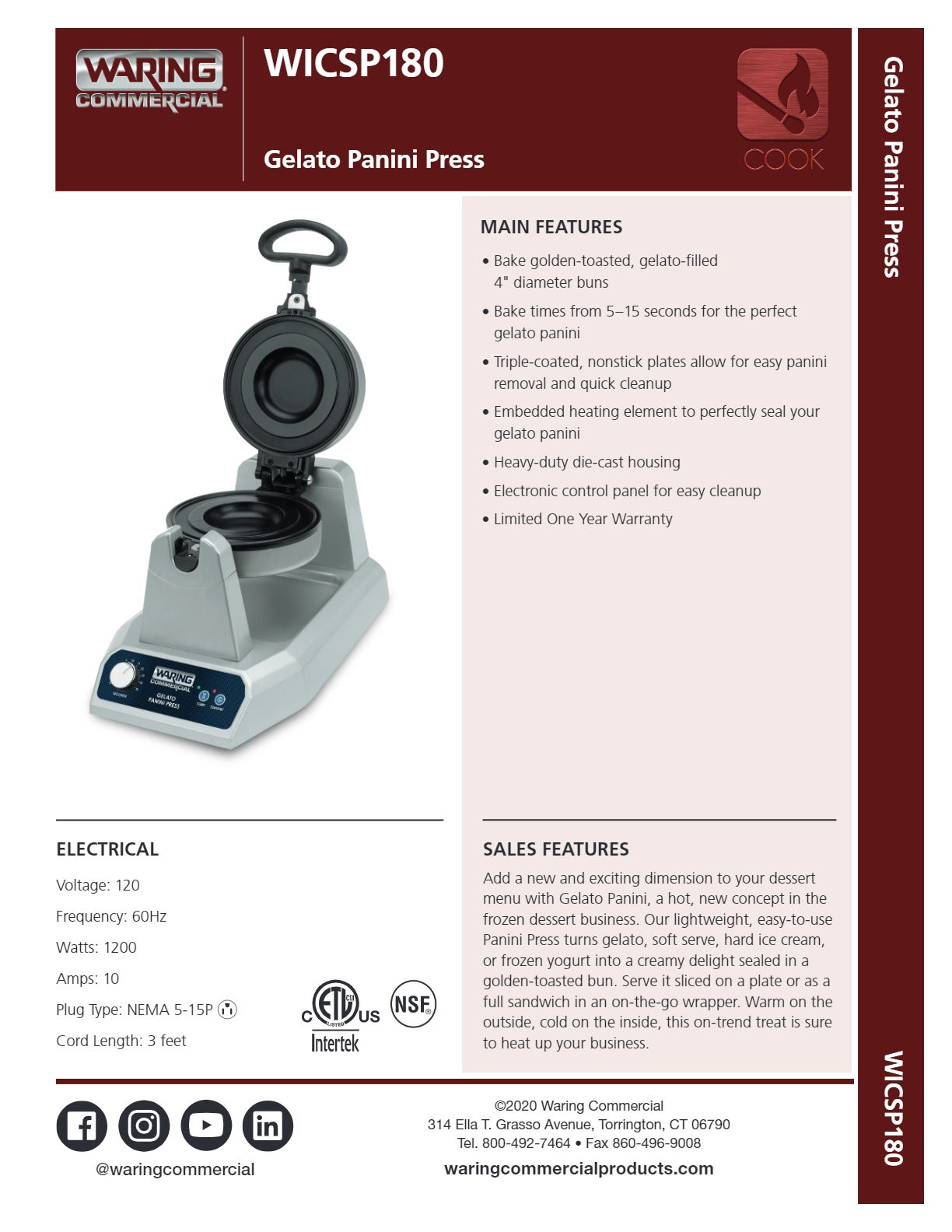Waring WWGP180 - Gelato Panini Press