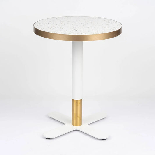 White Candy Terrazzo Table Top with Brass Cross Table Base