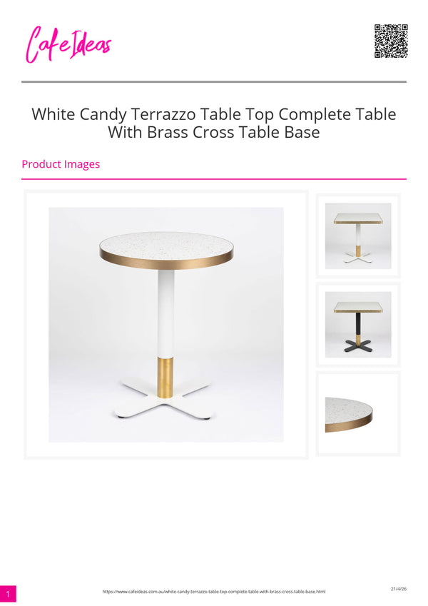 White Candy Terrazzo Table Top with Brass Cross Table Base