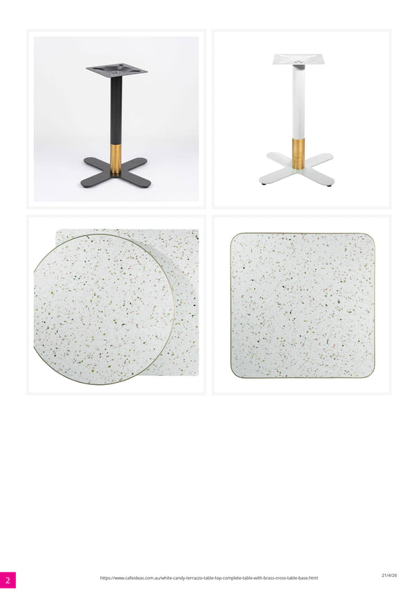 White Candy Terrazzo Table Top with Brass Cross Table Base