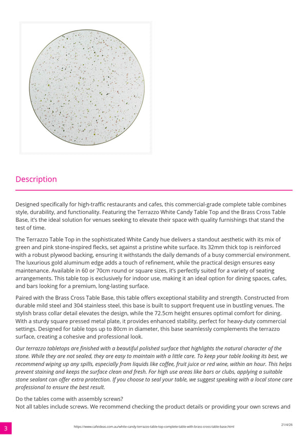 White Candy Terrazzo Table Top with Brass Cross Table Base