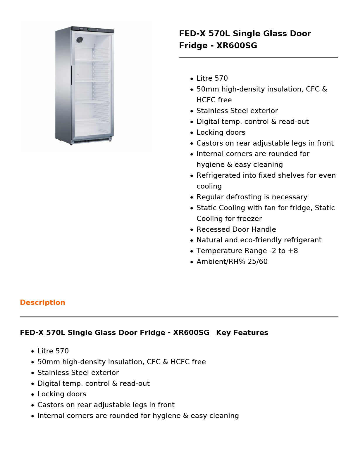 FED-X XR600SG - Upright Fridge