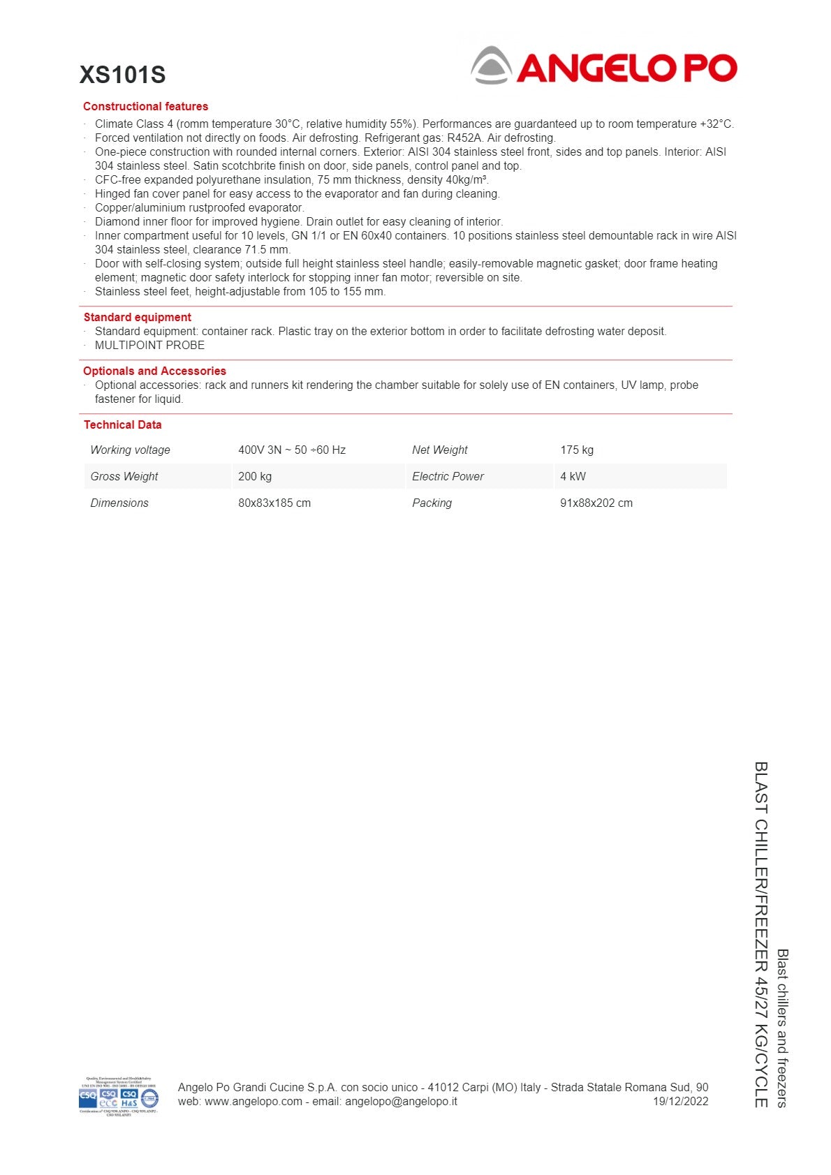 Angelo Po Chill Star XS101S - Blast Chiller/Freezer