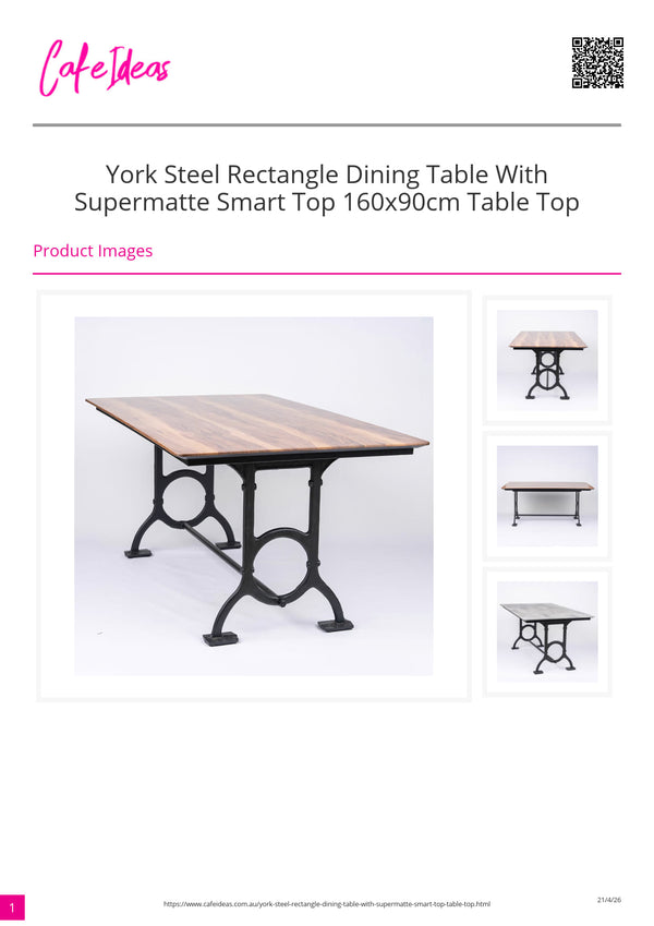 York Steel Rectangle Dining Table with Supermatte Smart Top 160x90cm