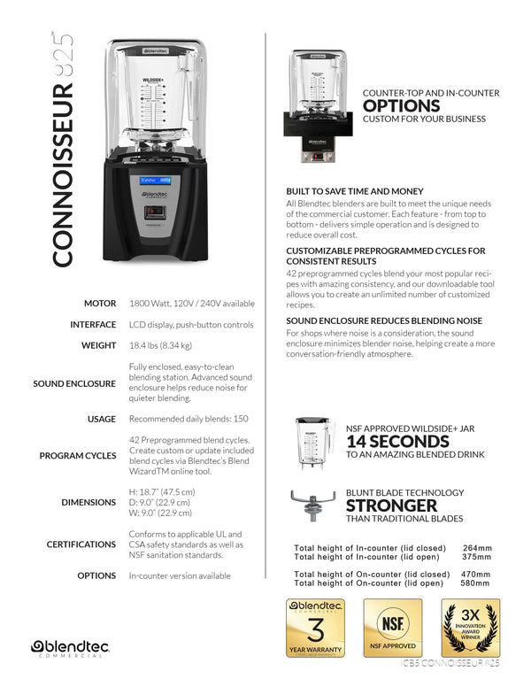 Three Blendtec Connisseur Blenders with 3 Wildside Jars
