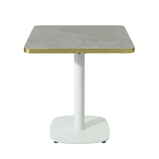Gold Aluminium Edge HPL Laminate Tabletop in Blue Mist Quartz Complete Table with White Cavallo 450 Table Base