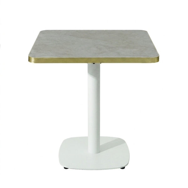 Gold Aluminium Edge HPL Laminate Tabletop in Blue Mist Quartz Complete Table with White Cavallo 450 Table Base