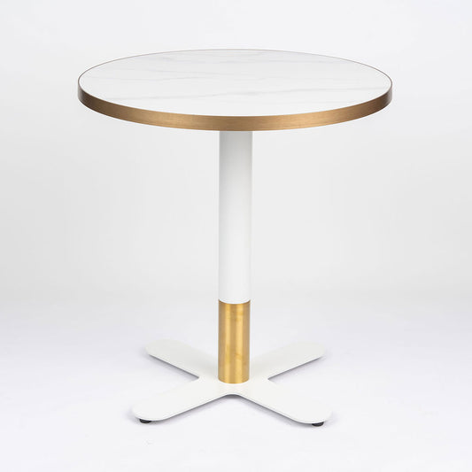 Gold Aluminium Edge Sintered White Stone Table with White Brass Cross Table Base