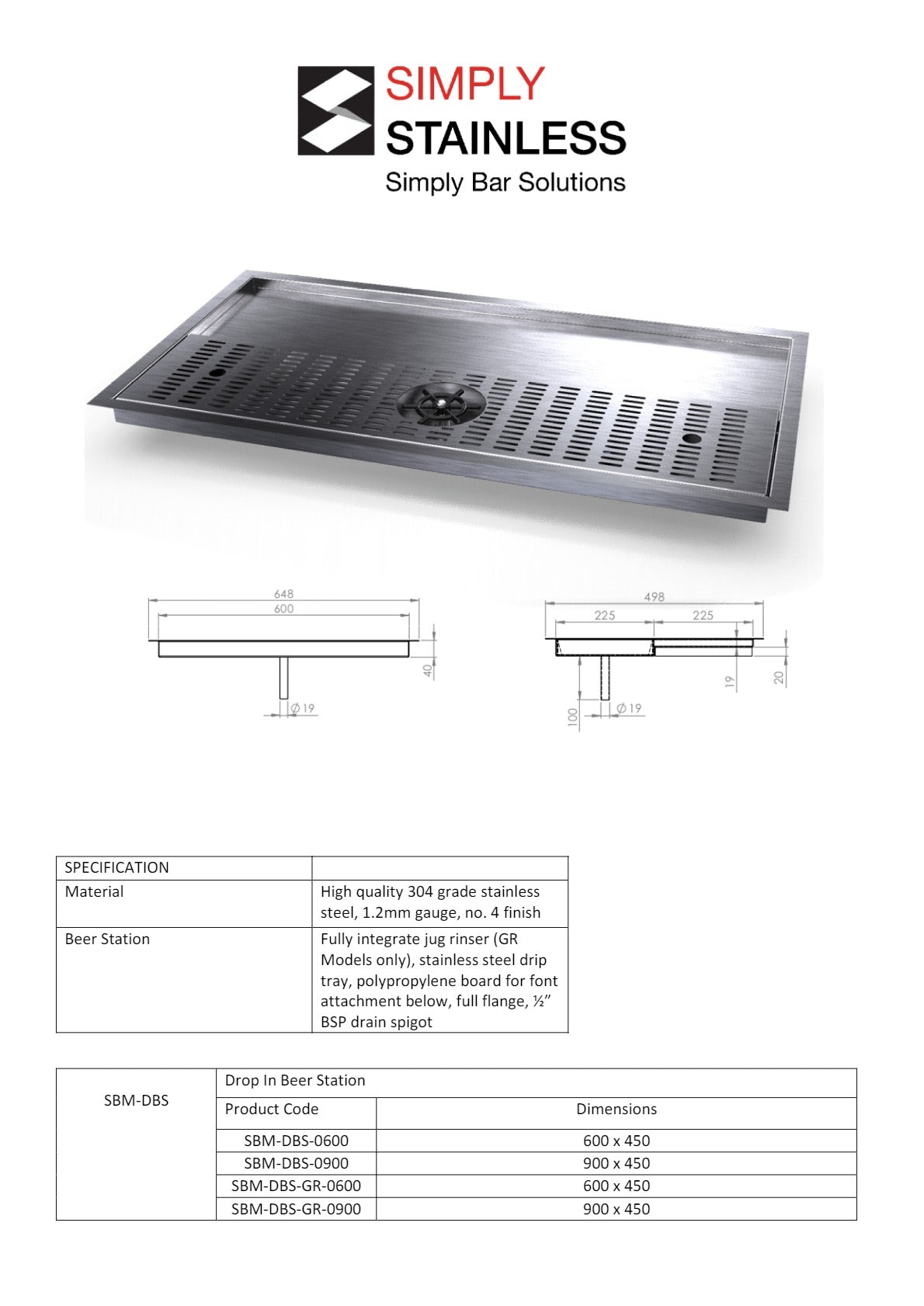 Simply Stainless SBM.DBS.GR.0600 - Drop-In Beer Station with Glass Rinser