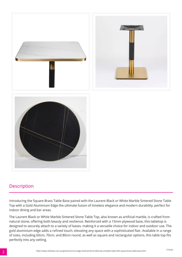 Gold Aluminium Edge Laurent Black Sintered Stone Table Top with Square Brass Table Base